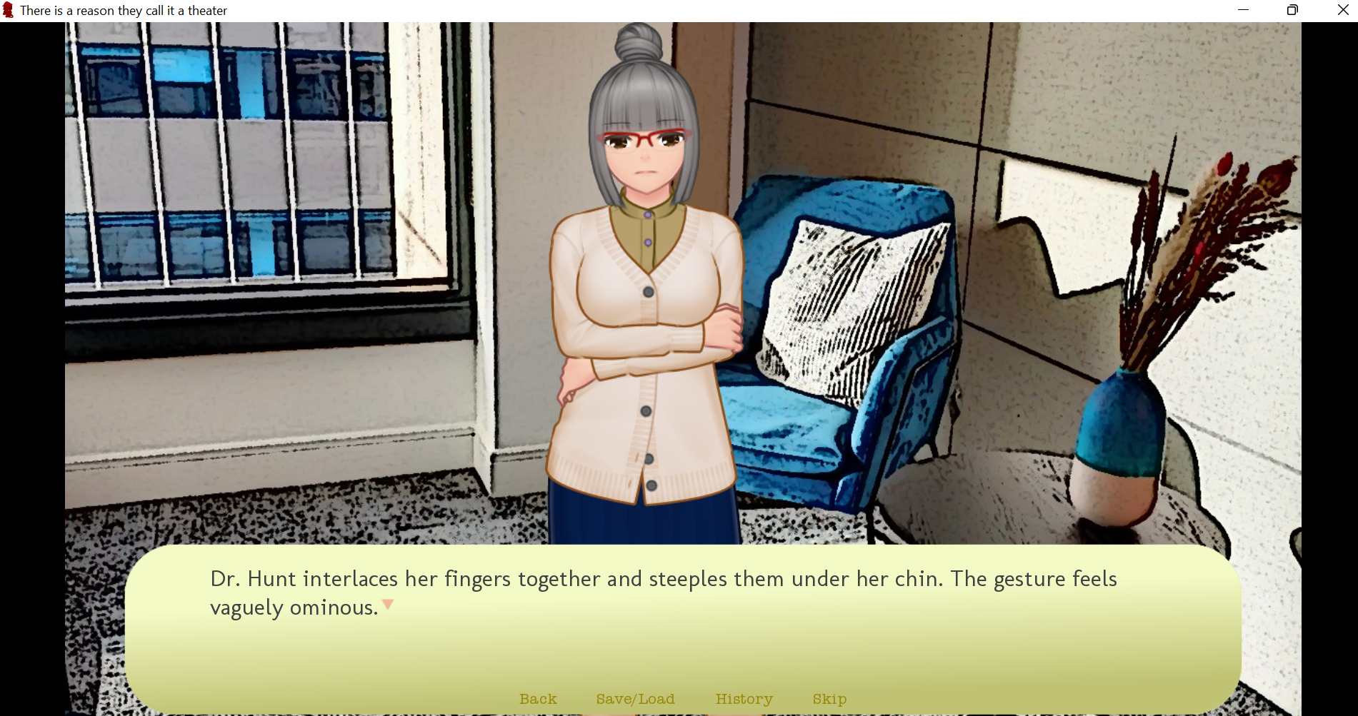Dr. Hunt as an anime-style visual novel character: a stern woman with gray hair in a topknot bun and a cream cardigan over a tan blouse.