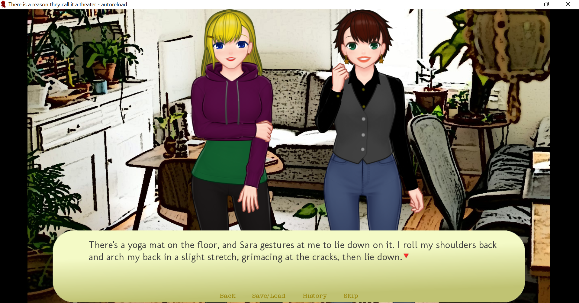 Mary and Sara as anime-style visual novel characters in a sunny apartment.