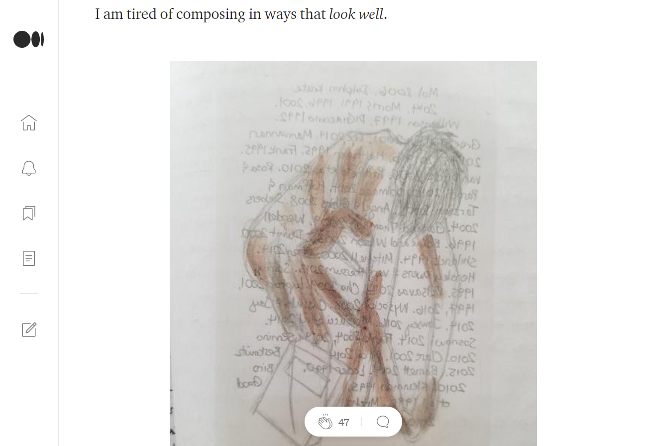 A blood-smeared pencil drawing of a bent woman with a razor taped beneath it. Text: I am tired of composing in ways that look well.