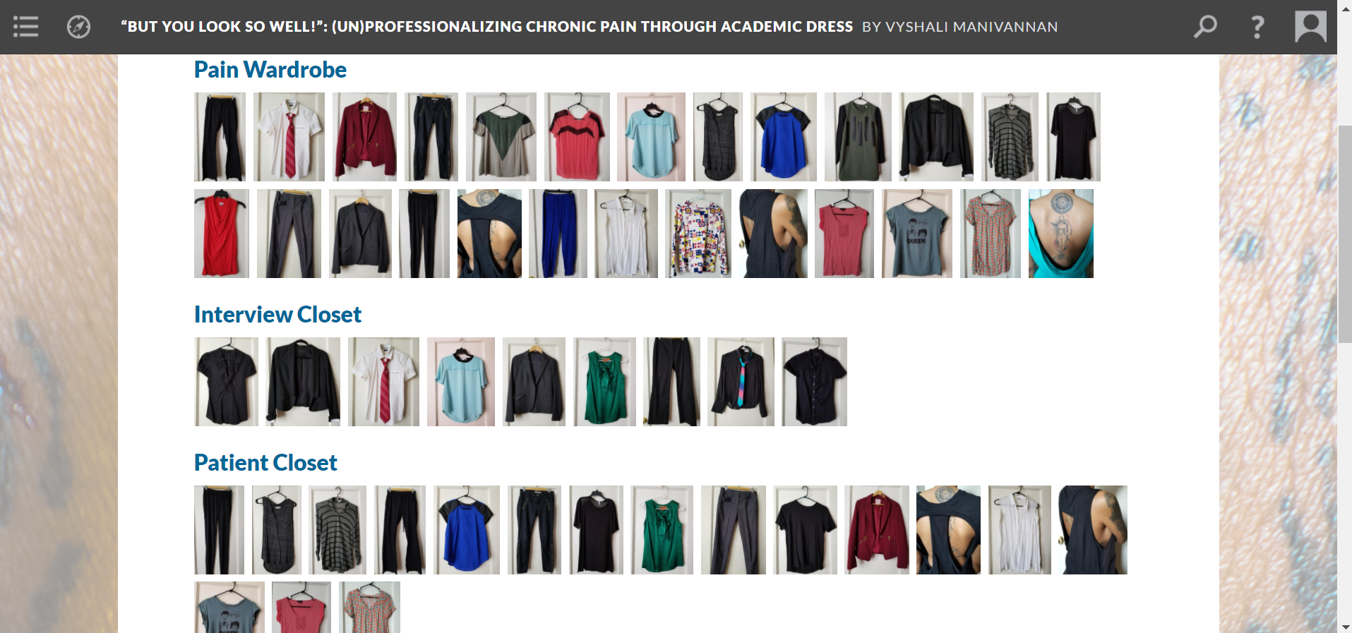 Thumbnails of blouses, slacks, and blazers organized into pain, interview, and patient wardrobes.