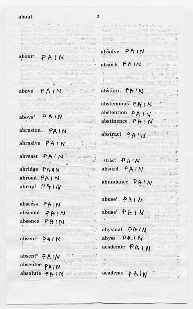 Page of whited-out 'A' entries rewritten as 'pain' from Stilinović's art exhibit.