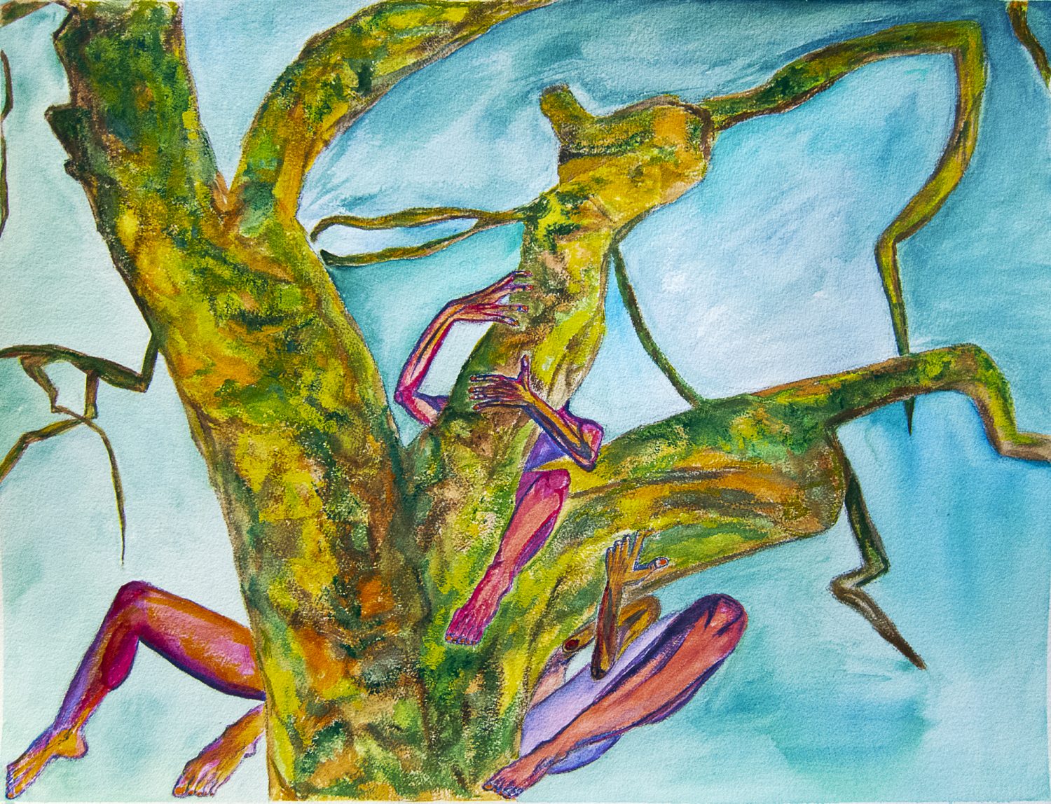 Watercolor of reddish limbs wrapped around a green tree trunk against a light blue sky.