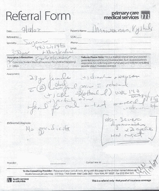 2007 referral form requesting evaluation for possible appendicitis.